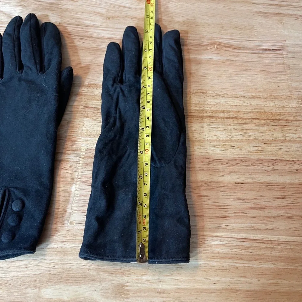 Lands End Black Goatskin Suede Gloves Women Medium 7 Button Wrist Detail Classic
